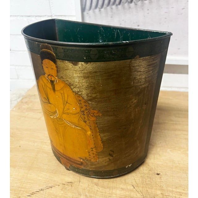 Mid-20th Century Chinoiserie Tole Waste Bin W/Decoupage Decor For Sale - Image 9 of 10