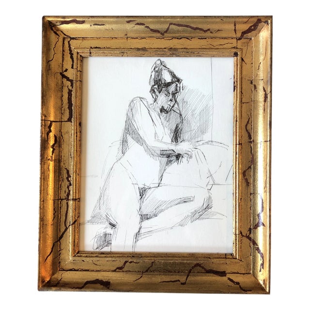1970’s Vintage Original Female Nude Ink Drawing Gilt Wood Frame For Sale