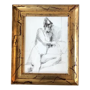 1970’s Vintage Original Female Nude Ink Drawing Gilt Wood Frame