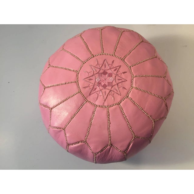 Vintage Mid Century Moroccan Baby Pink Color Hand Tooled Leather Pouf For Sale - Image 9 of 9