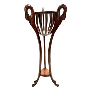 Mid-Century Modern Mahogany Jardinière Stand with Carved Swan Handles, 1950s For Sale