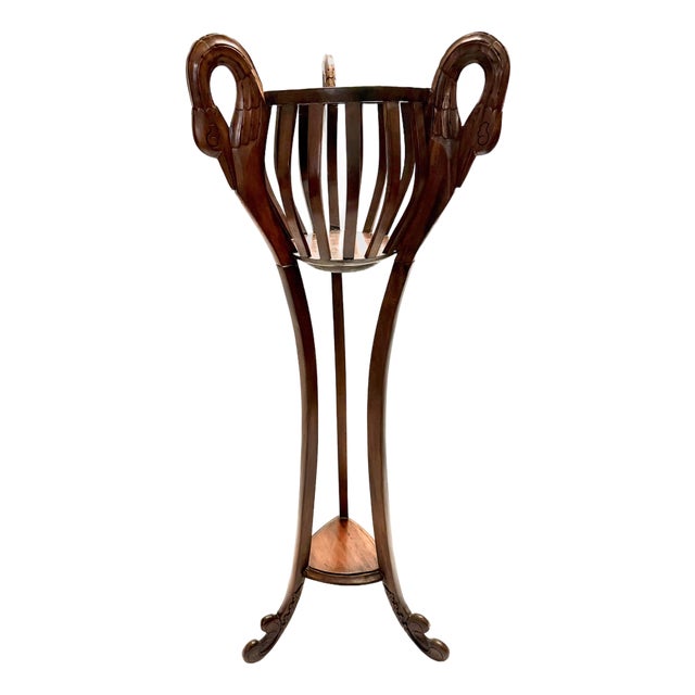 Mid-Century Modern Mahogany Jardinière Stand with Carved Swan Handles, 1950s For Sale