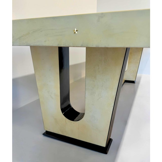 Metal Art Deco Italian Parchment Maple, Black and Brass Stars Table, 1940s For Sale - Image 7 of 17
