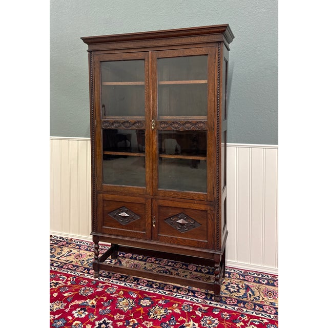 Antique English Bookcase Bookshelf Cabinet Double Door Barley Twist Oak c.1930s For Sale - Image 12 of 17