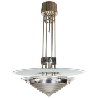 French Art Deco Polished Nickel and Glass Chandelier Signed Leleu For Sale