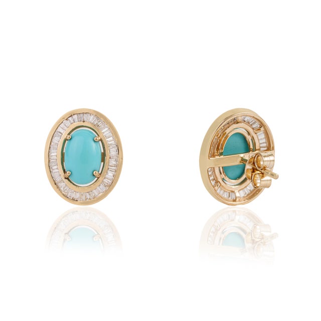 Metal Vintage-Style 2.42ct Turquoise Cabochon Diamond Stud Earrings in 14k Yellow Gold- A Pair For Sale - Image 7 of 15