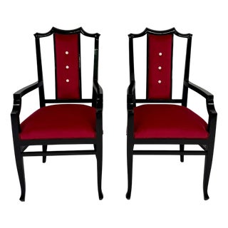 Italian Armchairs in Black Lacquered Wood and Red Velvet, 1980s, Set of 2 For Sale