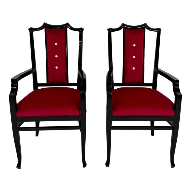 Italian Armchairs in Black Lacquered Wood and Red Velvet, 1980s, Set of 2 For Sale