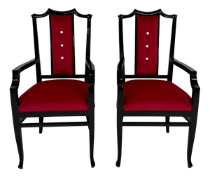 Italian Armchairs in Black Lacquered Wood and Red Velvet, 1980s, Set of 2