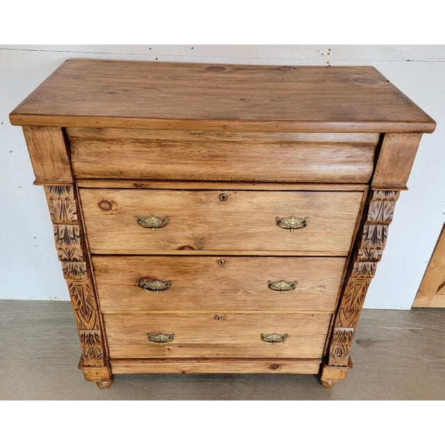Antique Scottish Pine 4 Drawer Chest of Drawers With Ornate Frame Moulding and Brass Handles From England - Circa 1880 For Sale - Image 9 of 13