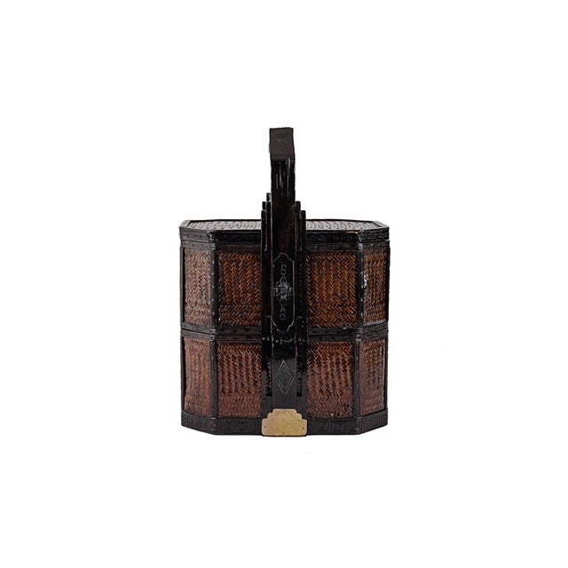 Chinese Antique 2 Two Tiered Chinese Wedding Basket in Dark Wood & Bamboo Rattan For Sale - Image 3 of 12