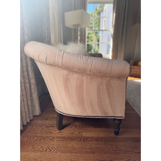 Wood Custom-Made Romantic Plush Velvet Pale Pink Loveseat For Sale - Image 7 of 8