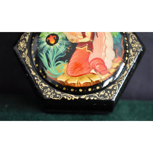 Vintage Russian Lacquer Box Painted Fairy Tale Scarlet Flower Trinket Signed For Sale - Image 14 of 16