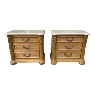 Pair of Thomasville Marble Top Oak Oversized Nightstands For Sale