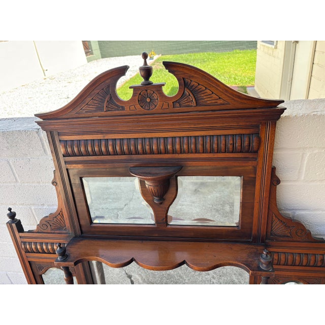 Victorian Antique Victorian or Eastlake-Style Carved Wood Overmantel Mirror Featuring Multiple Bevelled Glass Panels and Display Shelves For Sale - Image 3 of 9