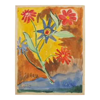 Mid-Century 1940s Scandinavian Folk Art Floral Starflower Eye Naive Watercolor Painting For Sale