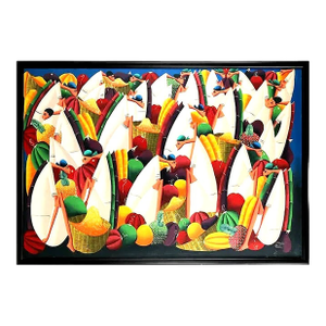 1950s Large Oil Painting "Fruitful Gathering" by Pascal Davuis, Work of Haitian Naive, Framed