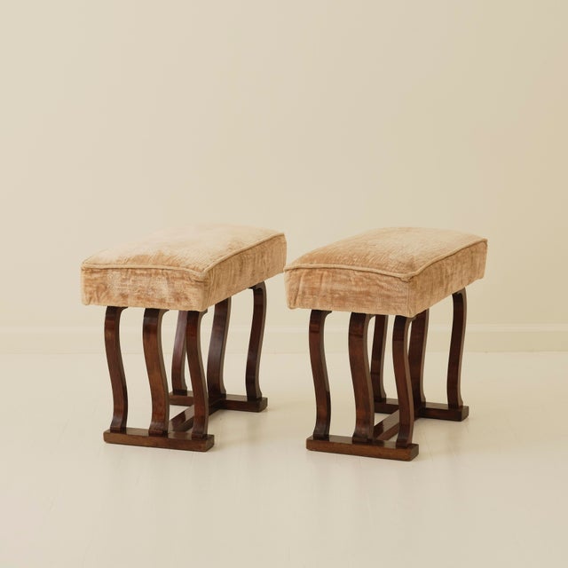 Italian Art Deco Stools With Wavy Dark Wood Legs, a Pair, 1940's For Sale In New York - Image 6 of 9