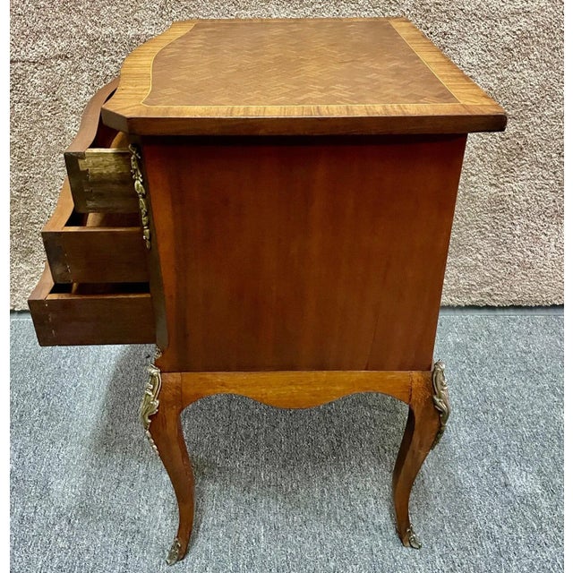French Vintage French Style Wood/Parquet Inlaid Three Drawer Chest W/Brass Ormolu For Sale - Image 3 of 10