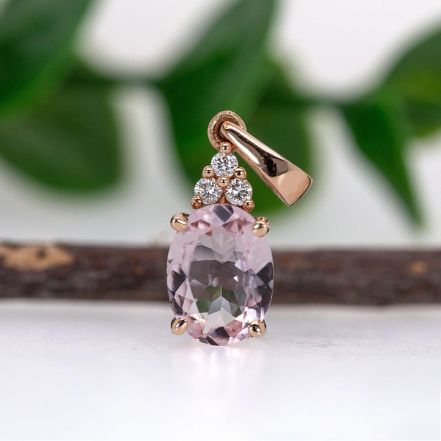 Art Deco 1ct Morganite Pendant W Diamond Accents in Solid 14k Rose Gold | Ov 8x6mm For Sale - Image 3 of 7