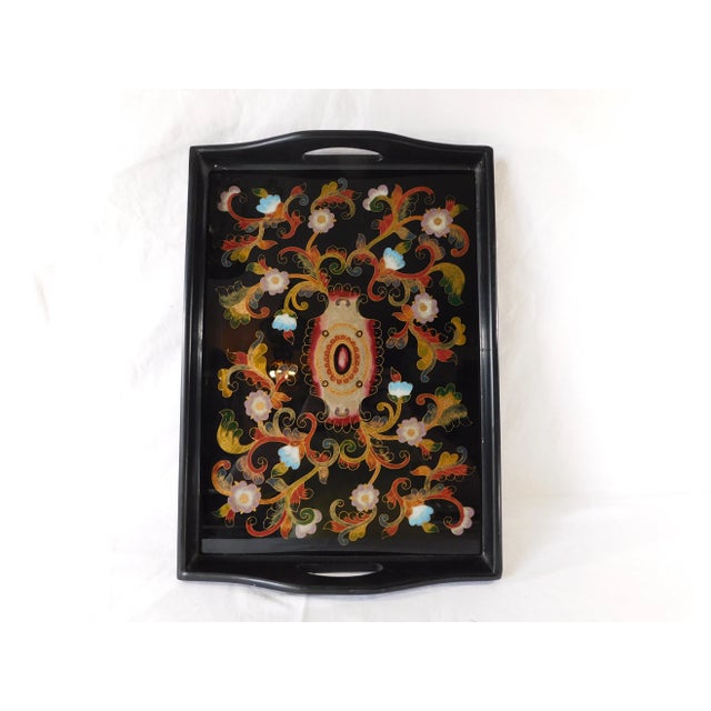1980s Vintage Hand Painted Black Lacquer Floral Wood Serving Tray With Handles For Sale - Image 5 of 10