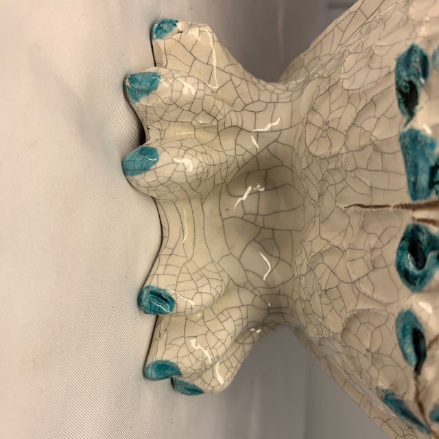 Mid-Century Modern Italian Attributed to Alvino Bagni Ceramic Owl Figurine With Blue Jewel Glass Eyes & Floral Crackle Glaze 10” White and Blue For Sale - Image 10 of 11