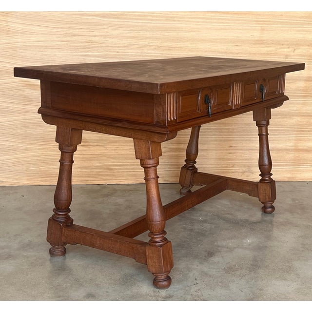 Wood Pair of Early 20th Spanish Light Walnut Country Farm Desk with Two Drawers For Sale - Image 7 of 18
