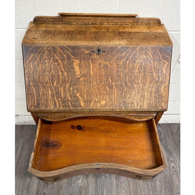 Antique Oak Slant Front Fall Front Secretary Desk For Sale - Image 11 of 18