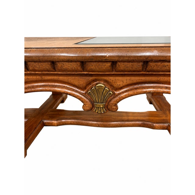 Vintage Mediterranean Revival Parquet-Pattern Wood and Smoked Glass Coffee Table For Sale - Image 12 of 18