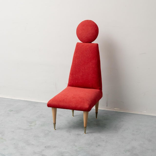 High-Back Chair in Red Fabric with Wooden and Brass Feet, 1960s For Sale - Image 10 of 10