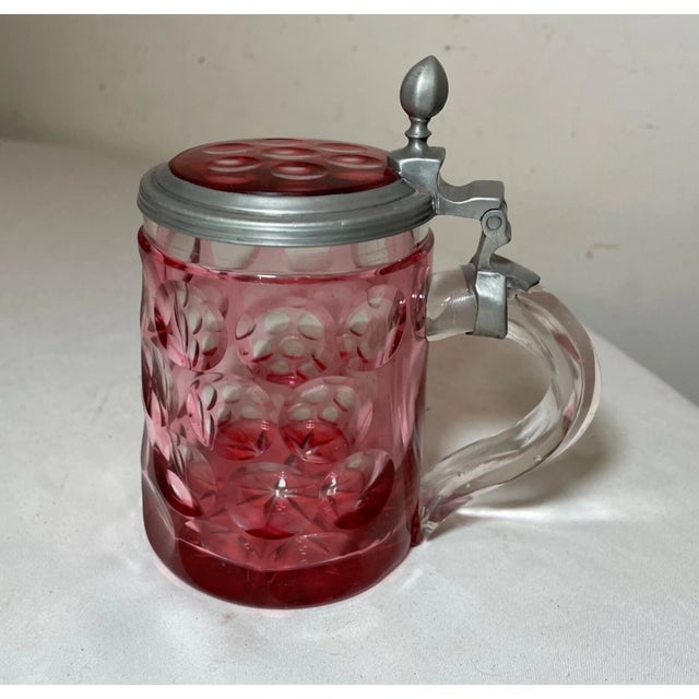 1920s Rare Antique Hand Cut to Clear Ruby Glass Pewter Czech Lidded Beer Stein Mug For Sale - Image 5 of 12