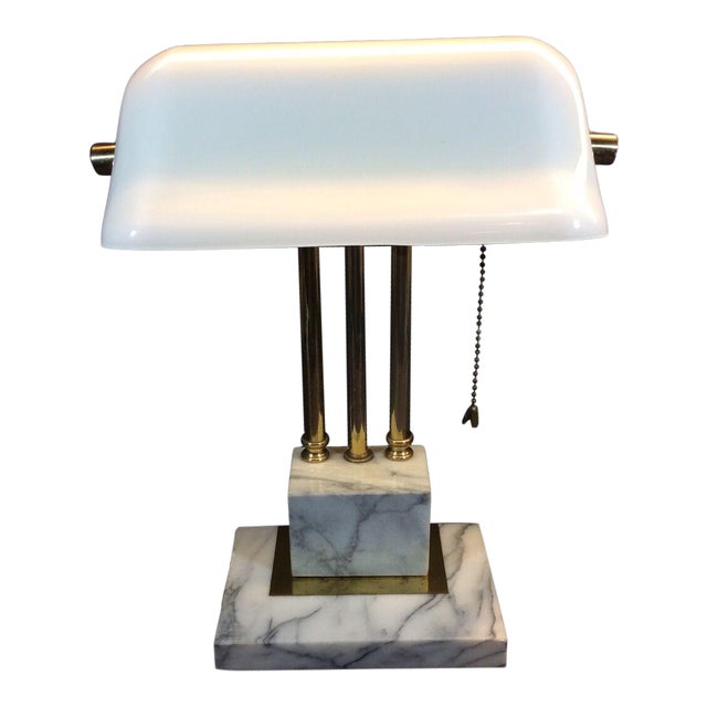 Vintage 1950s Art Deco Marble Base Brass Bankers Desk Lamp White Glass Shade Chairish