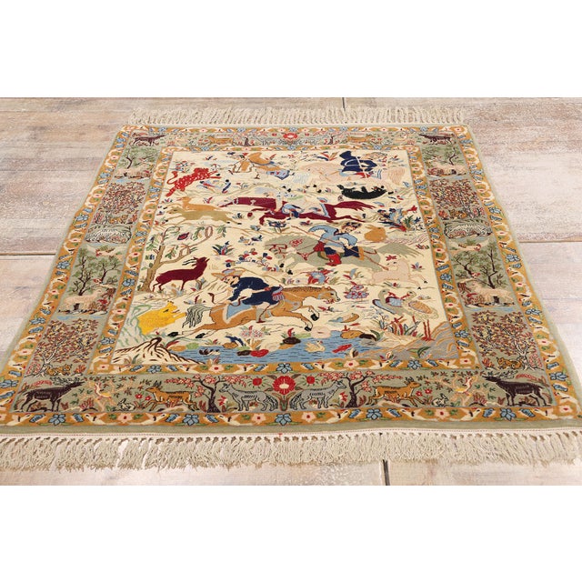 Vintage Persian Hunting Scene Isfahan Rug - 03'07 X 05'02 For Sale - Image 9 of 10