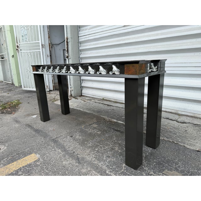 1970s 1970's Black Lacquer Console W Silver Leafed Frogs and Copper Corners For Sale - Image 5 of 11