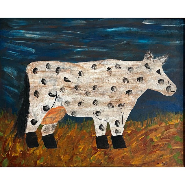 Primitive Abstract Painting of a Cow in Vintage Wood Frame For Sale - Image 4 of 7