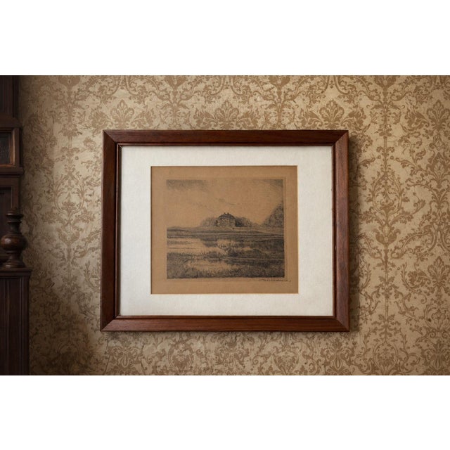 This elegant antique landscape etching, dated and signed 1920, depicts a serene architectural estate set within a natural...