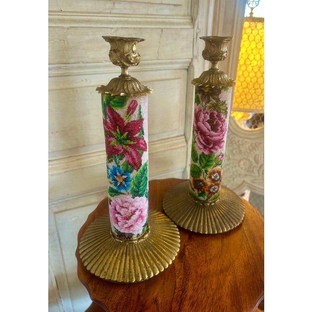 Victorian Antique Crystal Bead Petit Point Candle Holders Pair For Sale - Image 3 of 15