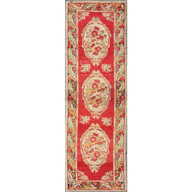 Red Red and Green Antique Turkish Oushak Runner With Three Floral Medallions For Sale - Image 8 of 8