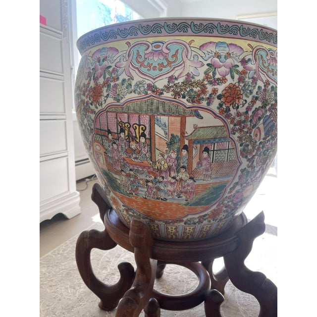 Late 20th Century Late 20th Century Canton People Chinese Large Planter With Wooden Carved Stand For Sale - Image 5 of 13