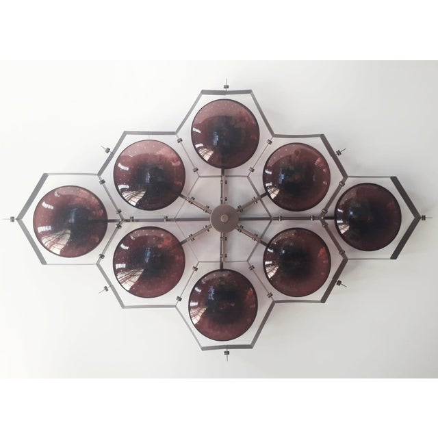 Italian midcentury flush mount with eight amethyst Murano glass shades carefully hand blown with bubbles inside the glass...