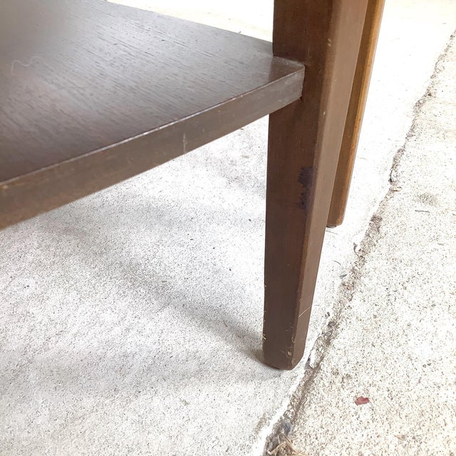 Pair of Walnut-Finish Two-Tier Triangular End Tables, Mid-Century Modern Style For Sale - Image 11 of 12