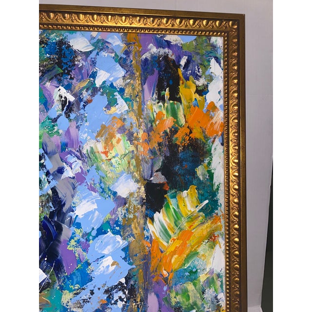 Gold Vintage Large Abstract Impasto Oil Painting With Floral Motifs in a Gold Frame. For Sale - Image 8 of 12
