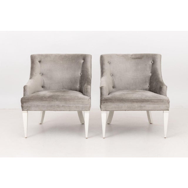 Pair of Jonathan Adler Gray Velvet Upholstered Arm Chairs, Jonathan Adler Furniture labels to undersides. 27.75" H x...
