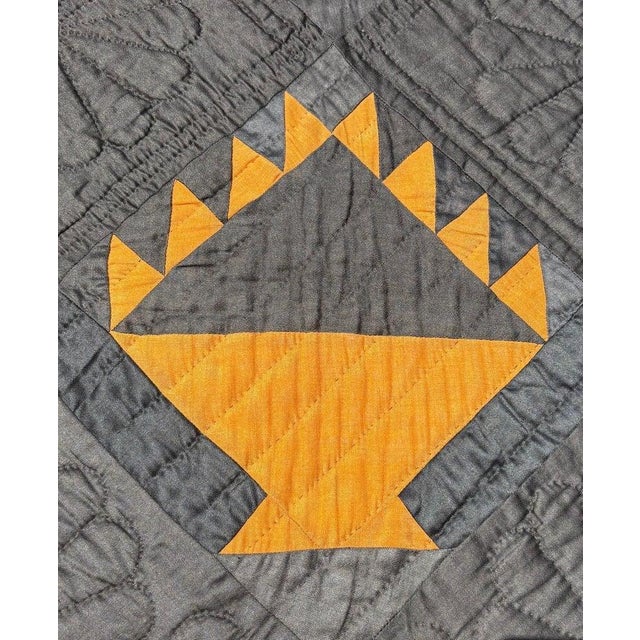 Early 20Thc Amish Black Cotton Sateen W/ Wool Pumpkin Baskets Quilt From Ohio For Sale - Image 4 of 10