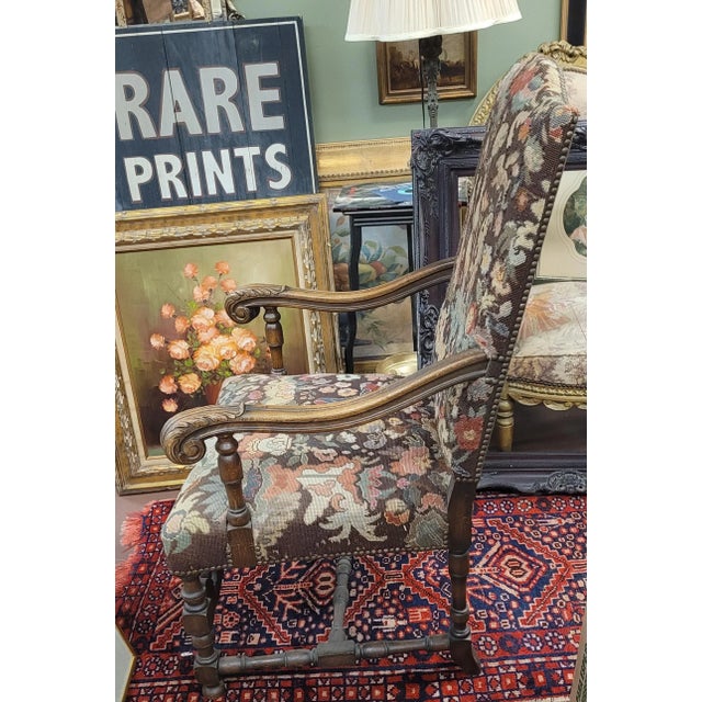 Gothic Ca 1890 Jacobean Needlepoint Arm Chair For Sale - Image 3 of 18