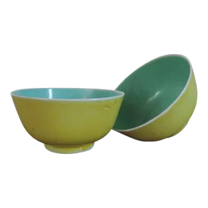 19th Century Chinese Porcelain Footed Bowls in Bright Yellow Glaze with Turquoise Interiors - A Pair