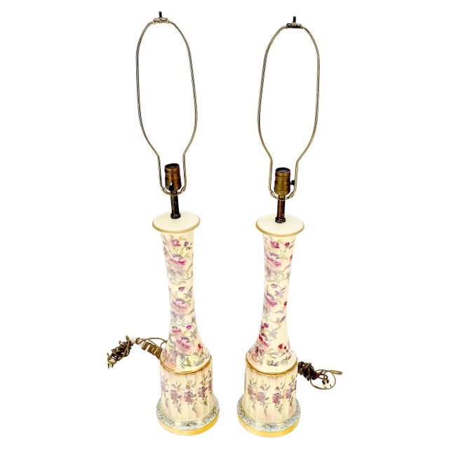 Pair of 39" Tall Ceramic Hand Painted Round Tower Shape Table Lamps w/ Shades For Sale - Image 6 of 13