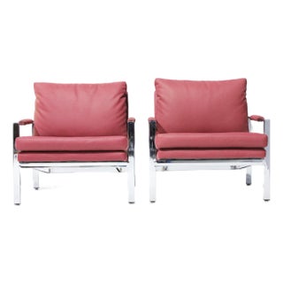 Attributed to Milo Baughman Chrome Frame Lounge Chairs in Dusty Rose Faux Suede/Leather For Sale
