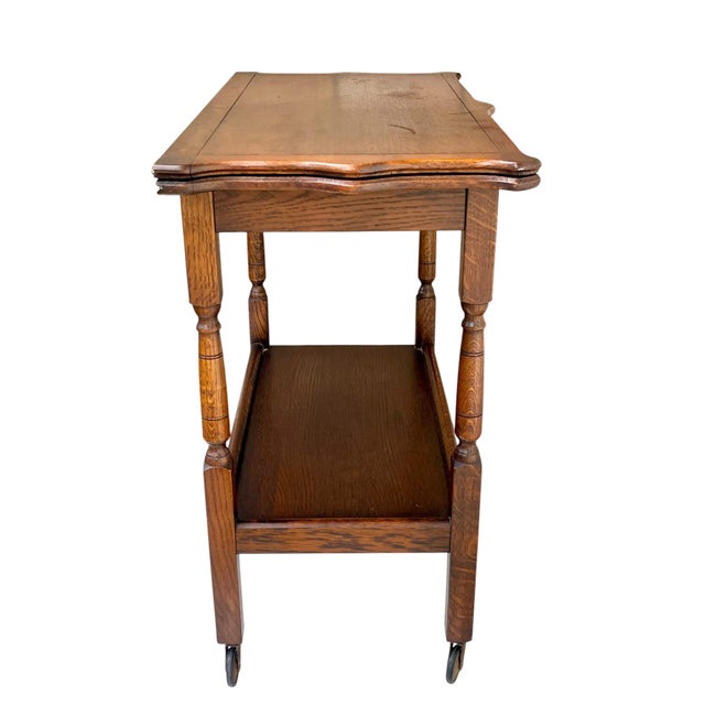 Antique English Jacobean Style Oak Flip Top Game Table Bar Cart Carved Frieze For Sale - Image 4 of 18