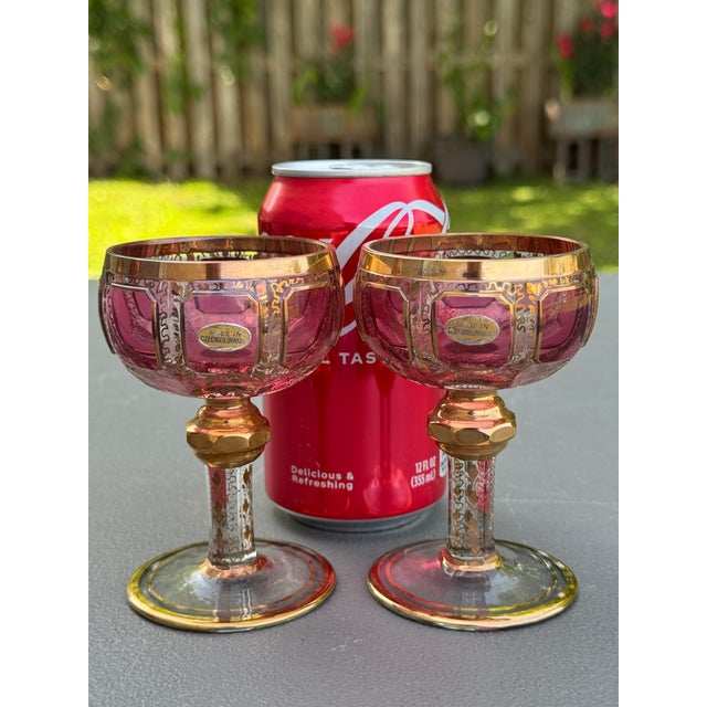 Glass Early 1900s Moser Bohemian Cranberry Paneled Cabochon 24k Gold Decanter Set For Sale - Image 7 of 17